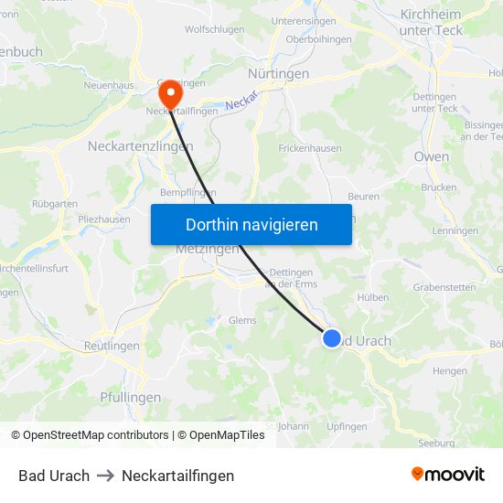 Bad Urach to Neckartailfingen map