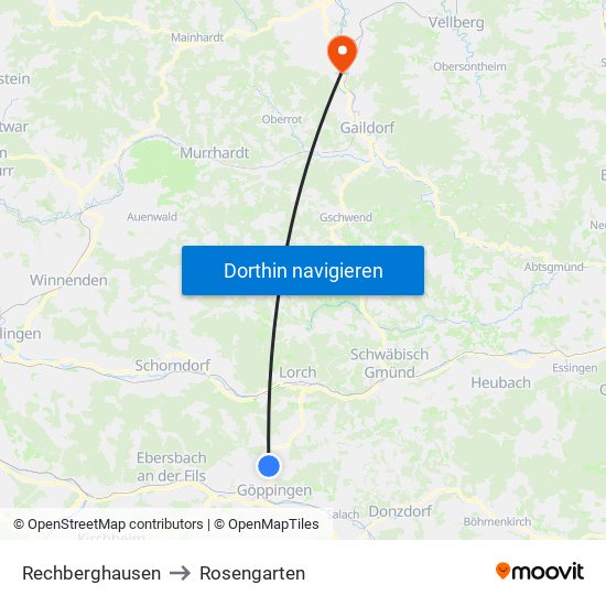 Rechberghausen to Rosengarten map