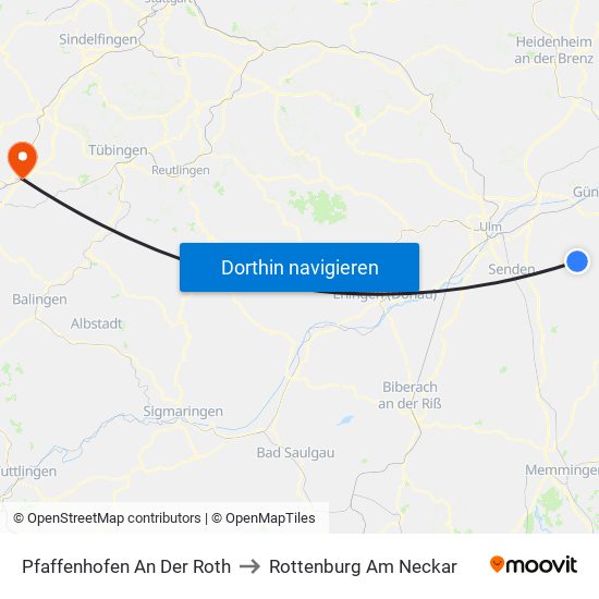 Pfaffenhofen An Der Roth to Rottenburg Am Neckar map