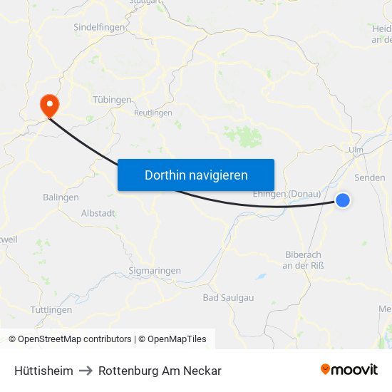 Hüttisheim to Rottenburg Am Neckar map