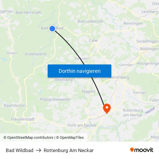 Bad Wildbad to Rottenburg Am Neckar map