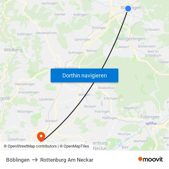 Böblingen to Rottenburg Am Neckar map