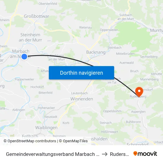 Gemeindeverwaltungsverband Marbach am Neckar to Rudersberg map