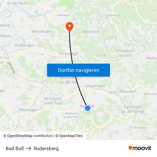 Bad Boll to Rudersberg map
