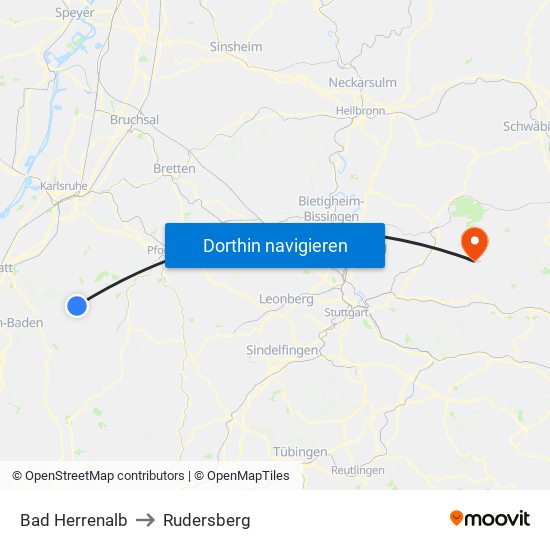 Bad Herrenalb to Rudersberg map