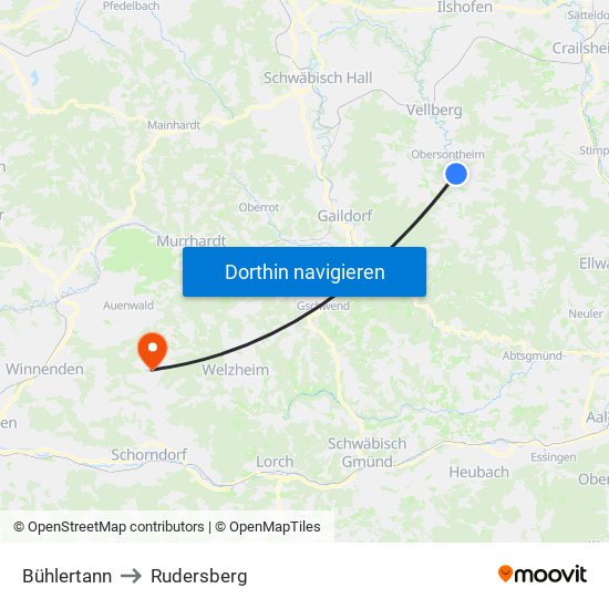 Bühlertann to Rudersberg map