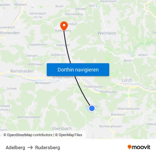 Adelberg to Rudersberg map