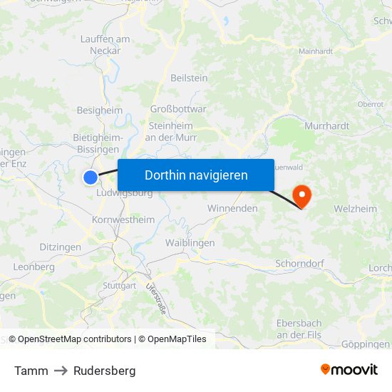 Tamm to Rudersberg map
