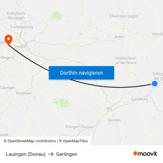 Lauingen (Donau) to Gerlingen map