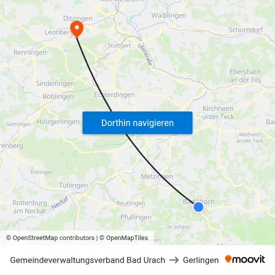 Gemeindeverwaltungsverband Bad Urach to Gerlingen map