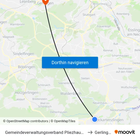 Gemeindeverwaltungsverband Pliezhausen to Gerlingen map