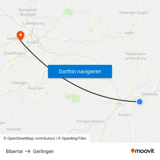 Bibertal to Gerlingen map