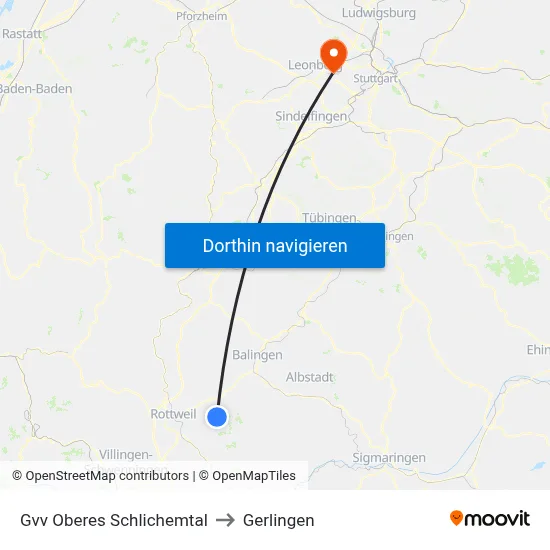 Gvv Oberes Schlichemtal to Gerlingen map