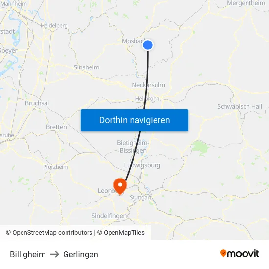 Billigheim to Gerlingen map