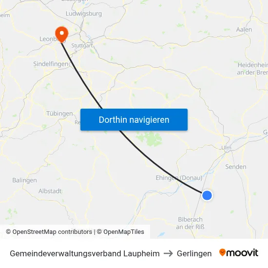 Gemeindeverwaltungsverband Laupheim to Gerlingen map