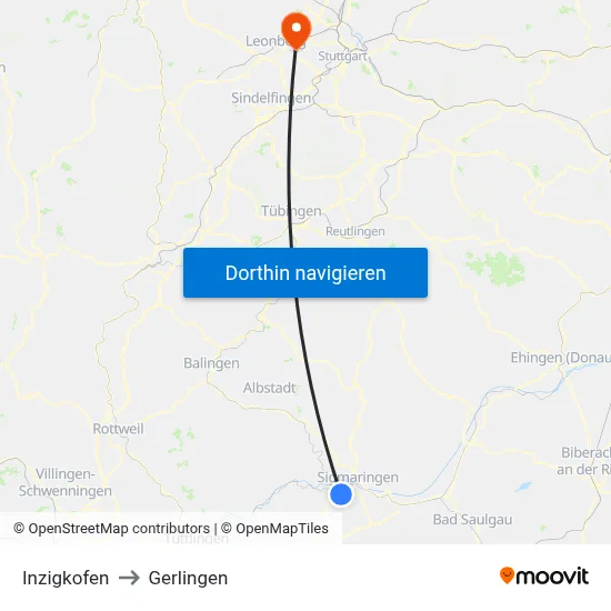 Inzigkofen to Gerlingen map