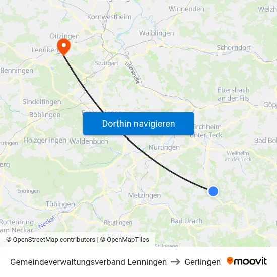 Gemeindeverwaltungsverband Lenningen to Gerlingen map