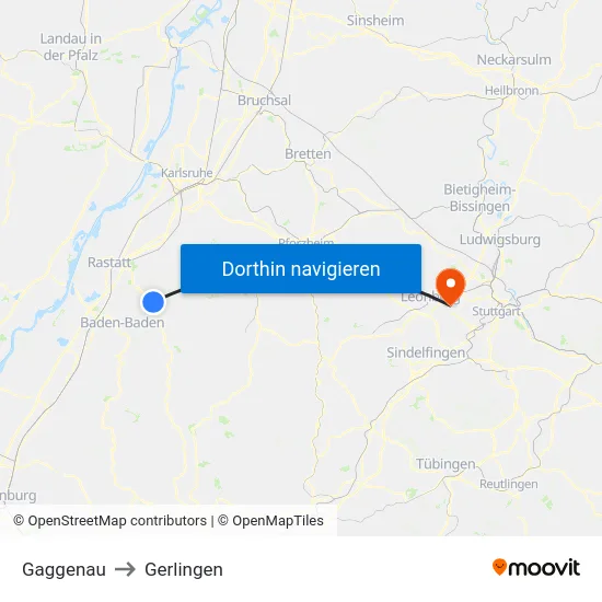 Gaggenau to Gerlingen map