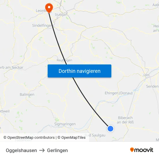 Oggelshausen to Gerlingen map