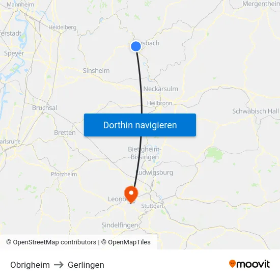 Obrigheim to Gerlingen map