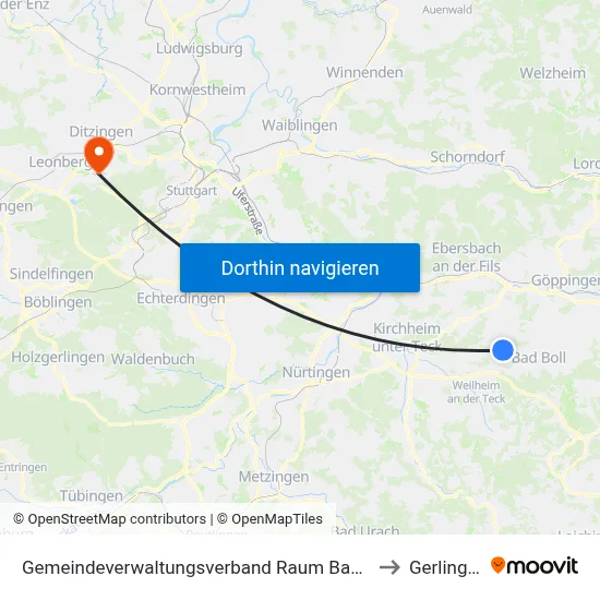Gemeindeverwaltungsverband Raum Bad Boll to Gerlingen map