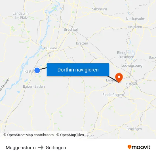 Muggensturm to Gerlingen map