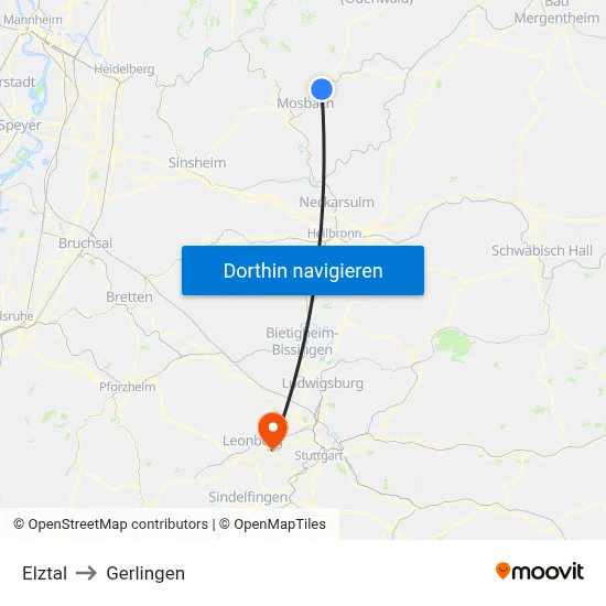 Elztal to Gerlingen map