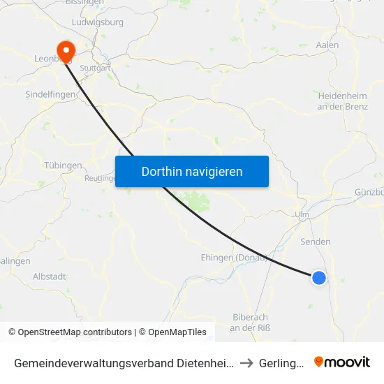 Gemeindeverwaltungsverband Dietenheim to Gerlingen map