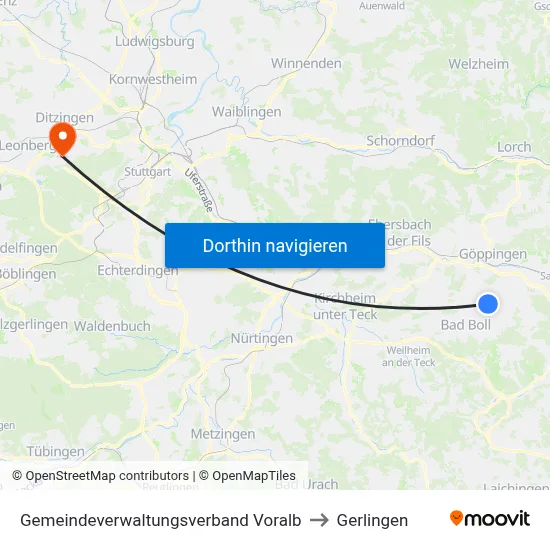 Gemeindeverwaltungsverband Voralb to Gerlingen map
