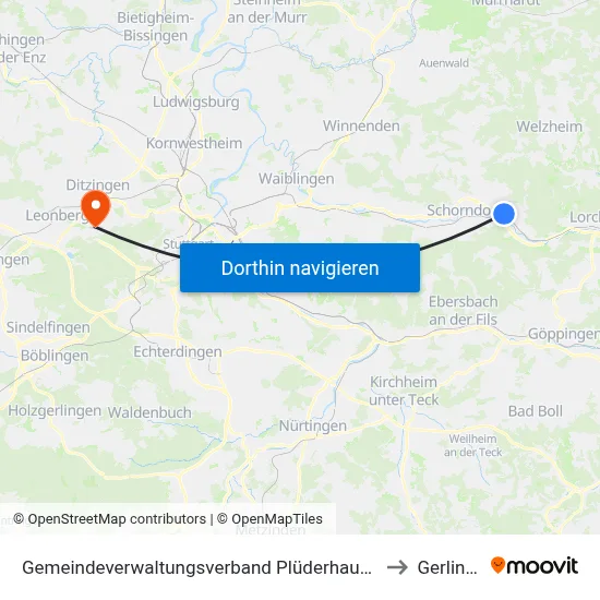 Gemeindeverwaltungsverband Plüderhausen-Urbach to Gerlingen map