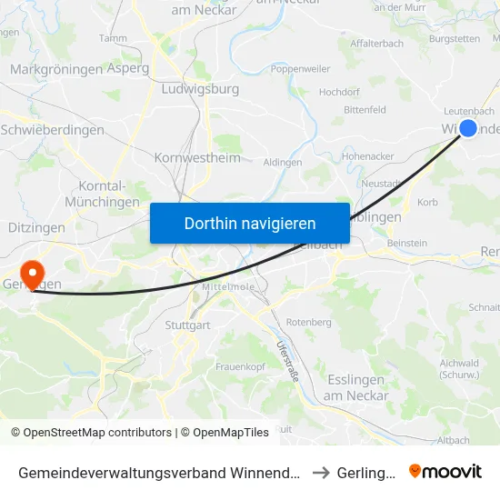 Gemeindeverwaltungsverband Winnenden to Gerlingen map