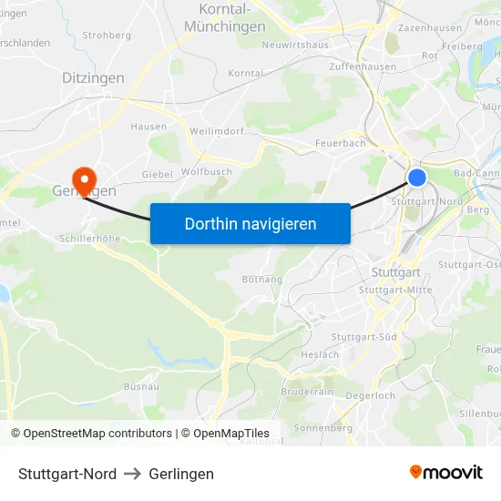 Stuttgart-Nord to Gerlingen map