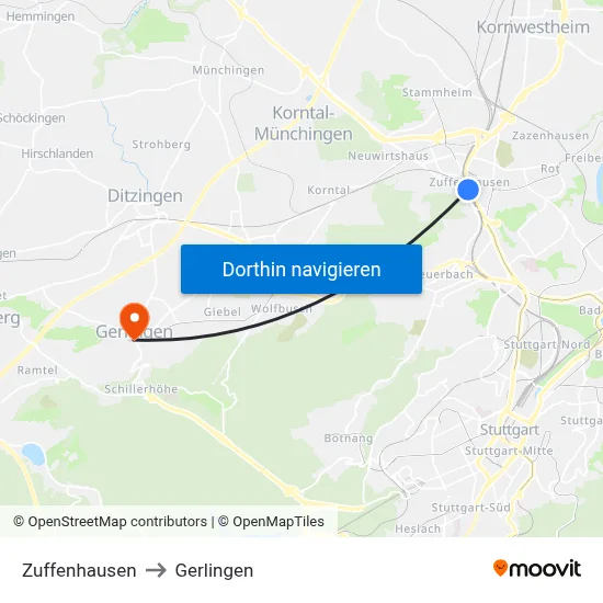 Zuffenhausen to Gerlingen map