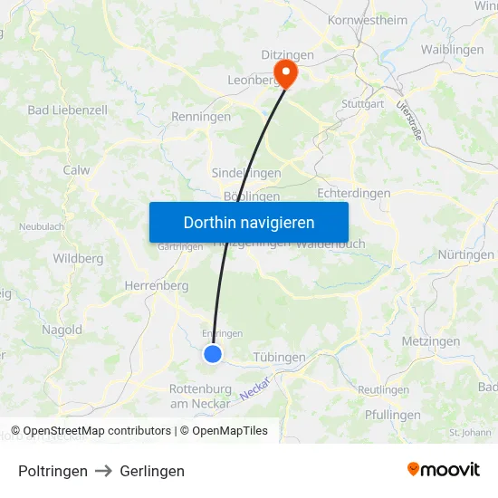 Poltringen to Gerlingen map