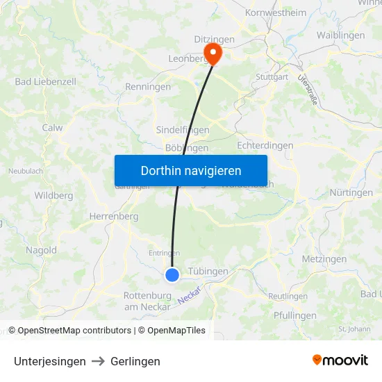 Unterjesingen to Gerlingen map