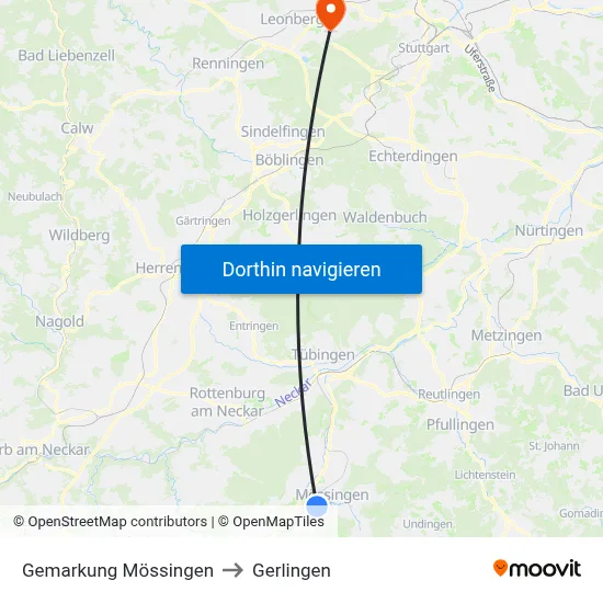Gemarkung Mössingen to Gerlingen map