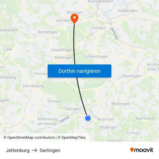 Jettenburg to Gerlingen map