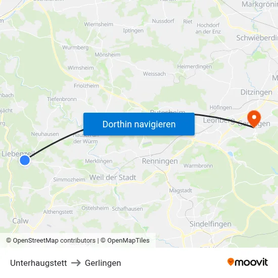 Unterhaugstett to Gerlingen map