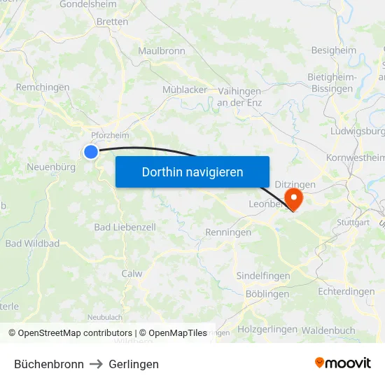 Büchenbronn to Gerlingen map