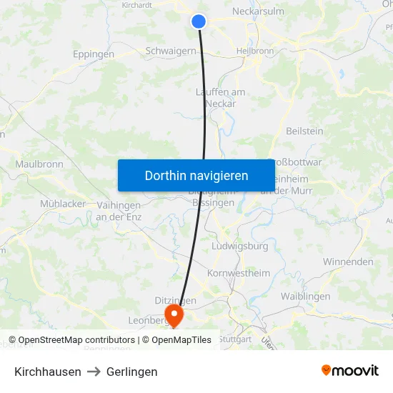 Kirchhausen to Gerlingen map