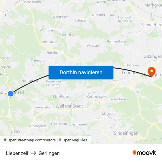 Liebenzell to Gerlingen map