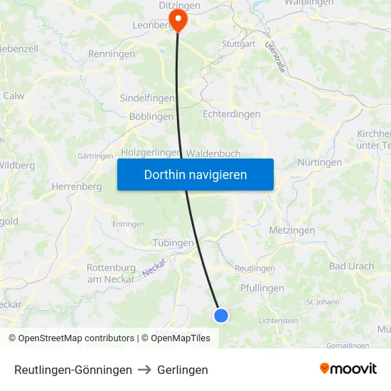 Reutlingen-Gönningen to Gerlingen map