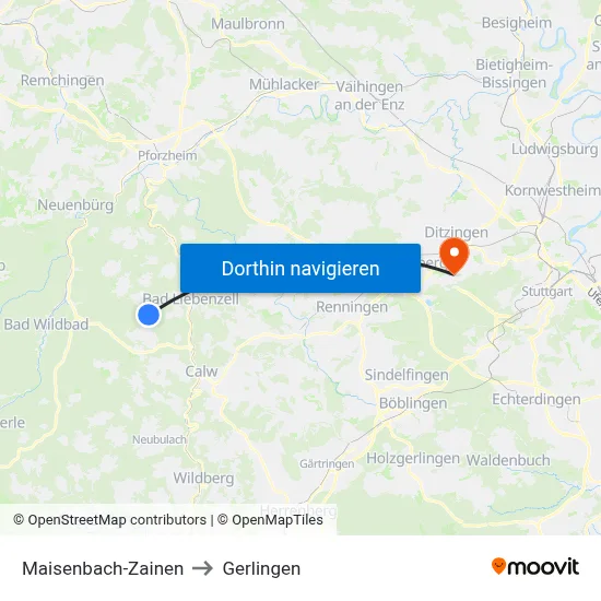 Maisenbach-Zainen to Gerlingen map