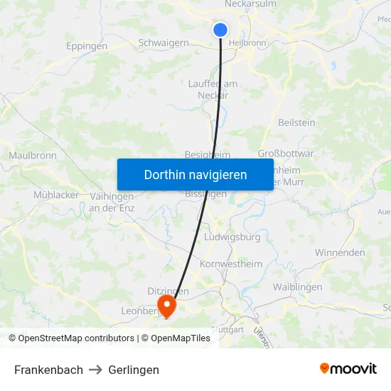 Frankenbach to Gerlingen map