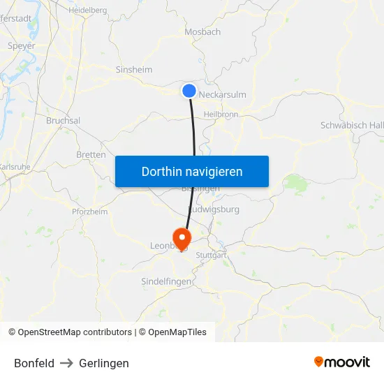 Bonfeld to Gerlingen map