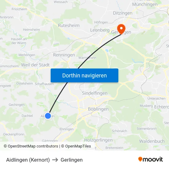 Aidlingen (Kernort) to Gerlingen map