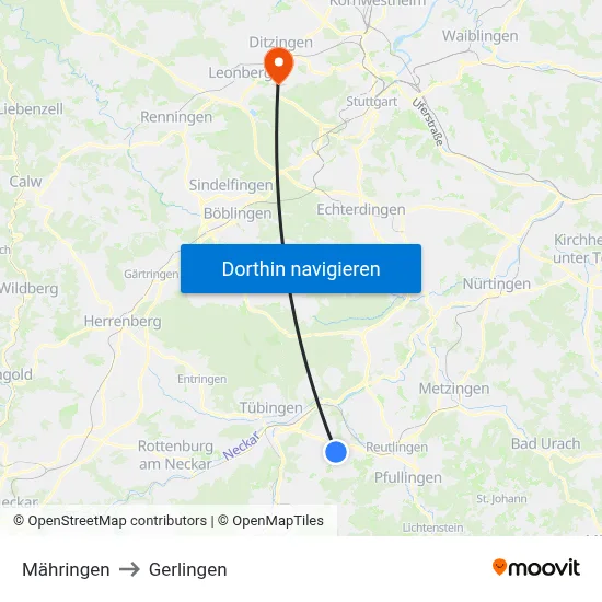 Mähringen to Gerlingen map