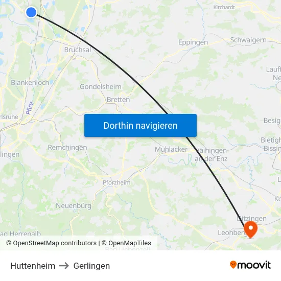 Huttenheim to Gerlingen map