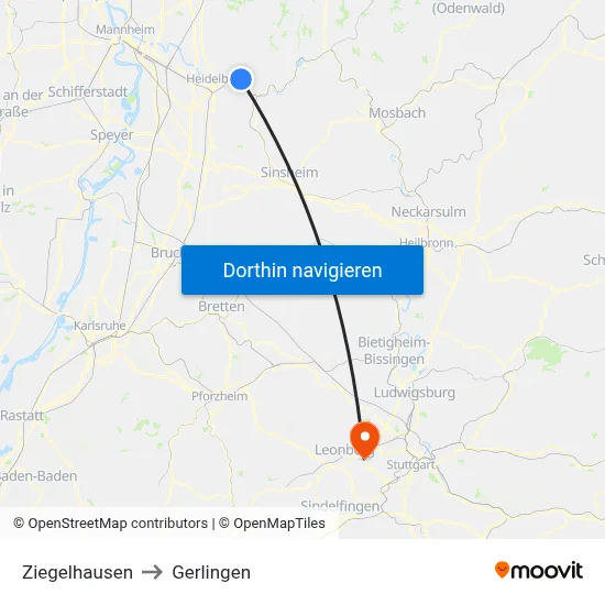 Ziegelhausen to Gerlingen map