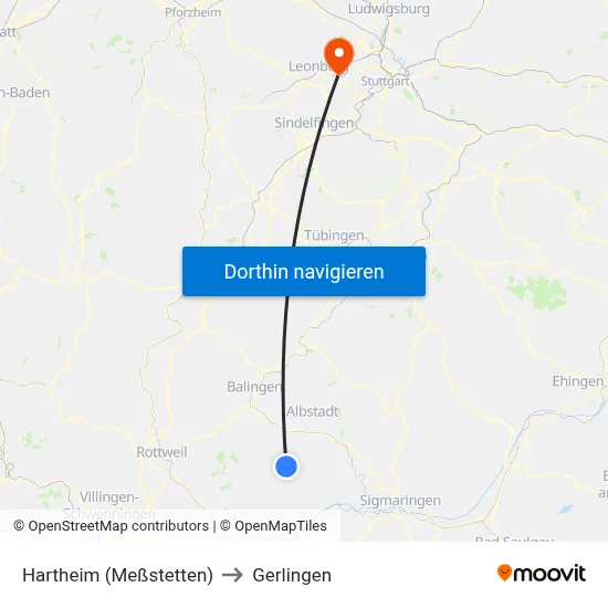 Hartheim (Meßstetten) to Gerlingen map